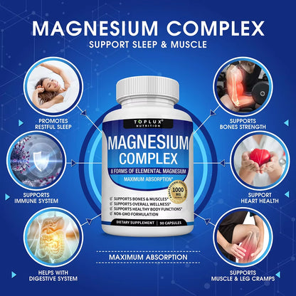 Magnesium Complex 1000MG Supplement - Magnesium Glycinate, Citrate & Malate - Sleep Support, Stress Relief, Muscles & Relaxation