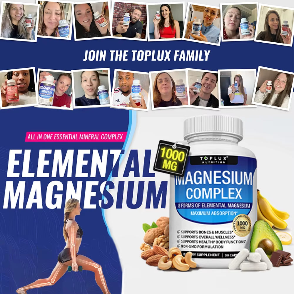 Magnesium Complex 1000MG Supplement - Magnesium Glycinate, Citrate & Malate - Sleep Support, Stress Relief, Muscles & Relaxation